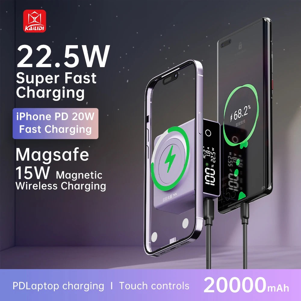 Portable 20000Mah MagSafe fast charging powerbank for scooters, bikes , phone & laptops . PD20 ,22.5W super fast charge with USB C and USB A