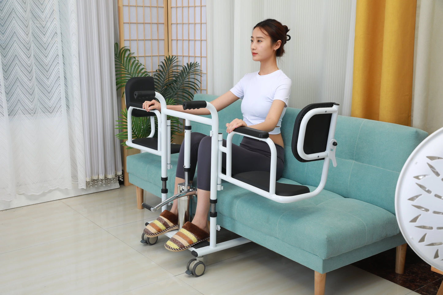 Patient Lift Transfer Machine for Home & Hospital with 180 degrees , Split Seat . Nursing Lift Wheelchair with Toilet and Tray Table