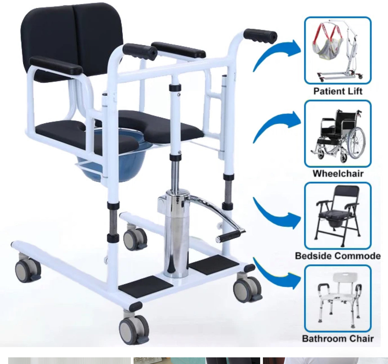 Patient Lift Transfer Machine for Home & Hospital with 180 degrees , Split Seat . Nursing Lift Wheelchair with Toilet and Tray Table