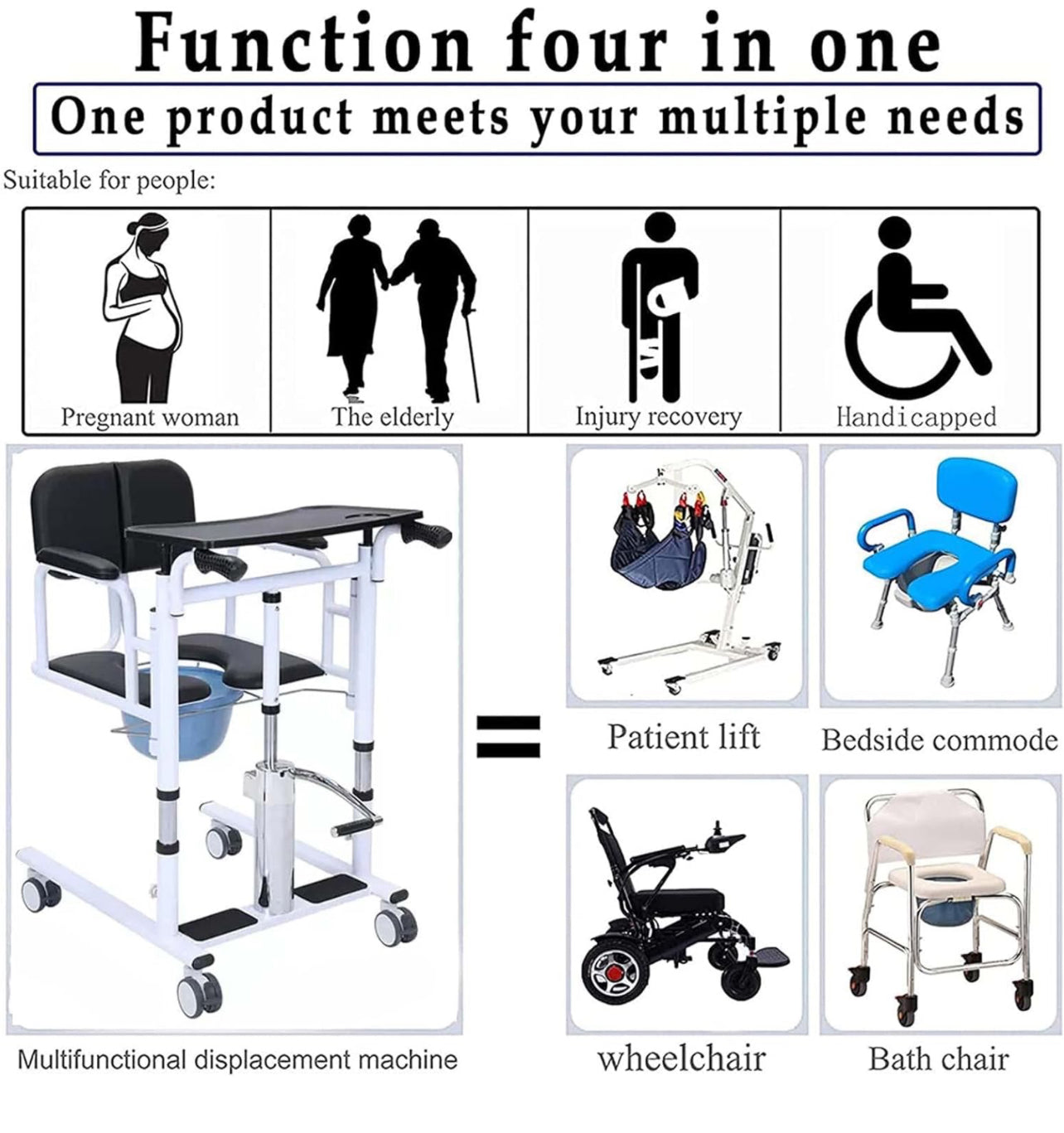 Patient Lift Transfer Machine for Home & Hospital with 180 degrees , Split Seat . Nursing Lift Wheelchair with Toilet and Tray Table