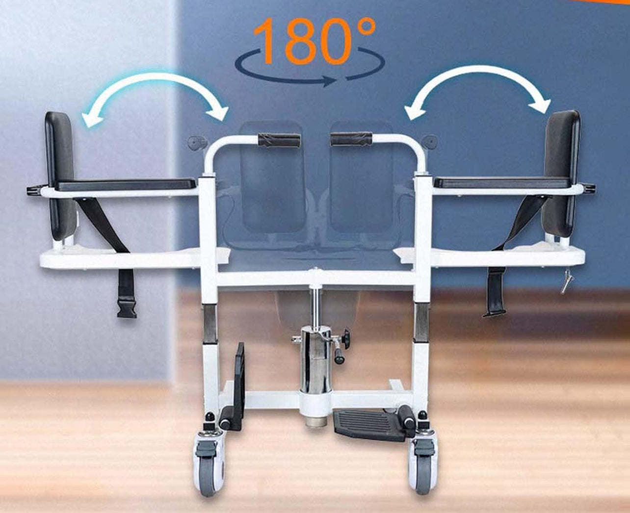 Patient Lift Transfer Machine for Home & Hospital with 180 degrees , Split Seat . Nursing Lift Wheelchair with Toilet and Tray Table