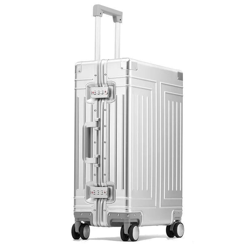 ISP anodised aluminium alloy, riveted high-gloss aluminium anti-crash corners. large 4 wheel aluminium suitcase provides enough room.