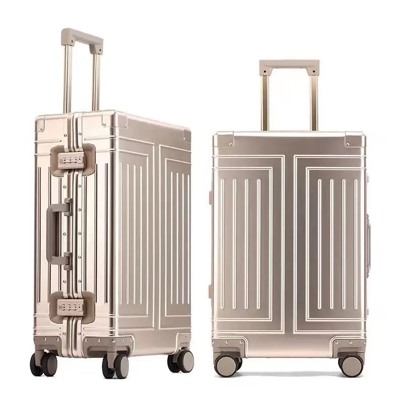 ISP anodised aluminium alloy, riveted high-gloss aluminium anti-crash corners. large 4 wheel aluminium suitcase provides enough room.