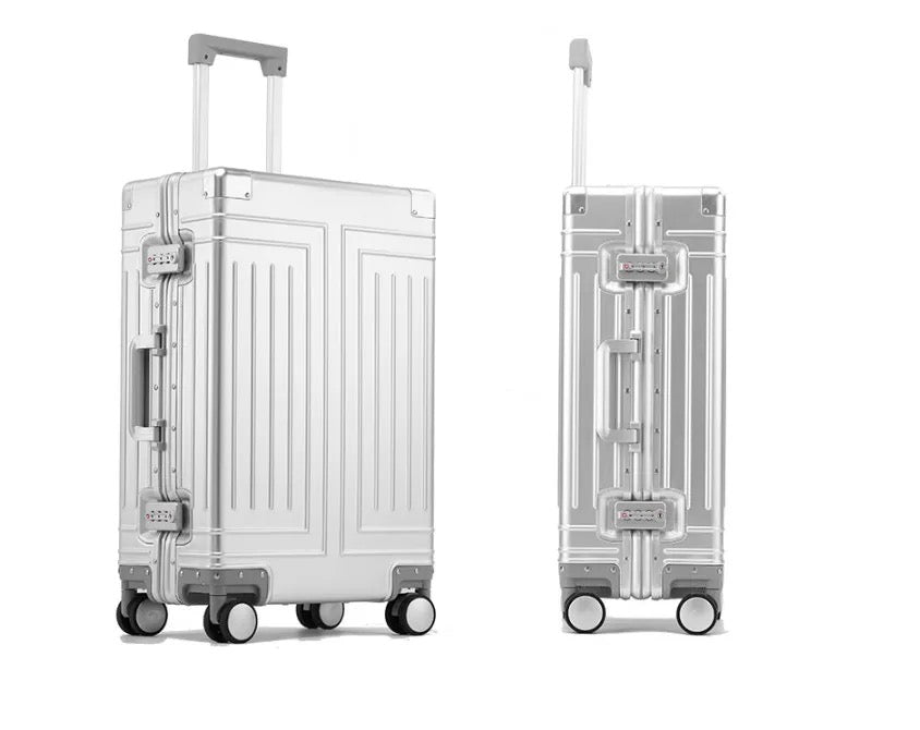 ISP anodised aluminium alloy, riveted high-gloss aluminium anti-crash corners. large 4 wheel aluminium suitcase provides enough room.