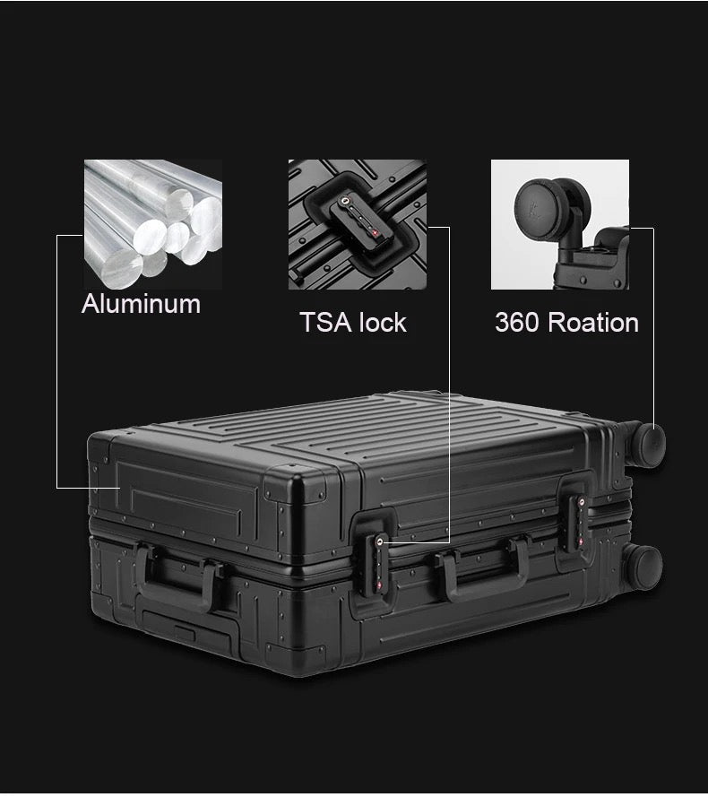 ISP anodised aluminium alloy, riveted high-gloss aluminium anti-crash corners. large 4 wheel aluminium suitcase provides enough room.