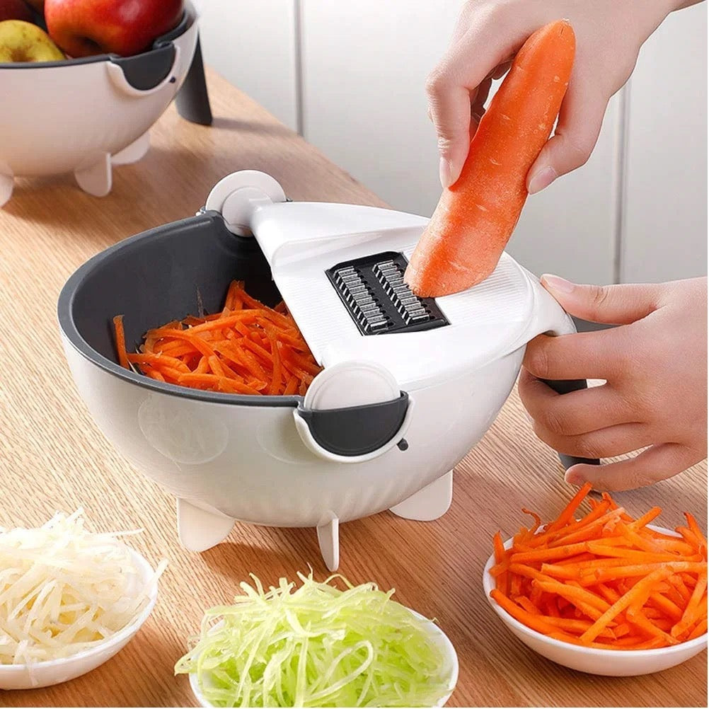 ISP 9 in 1 Multifunction Rotate Vegetable Cutter , Cheese Grater with Drain Basket Large Capacity Vegetables Chopper Veggie Shredder Grater Portable Slicer Kitchen Tool