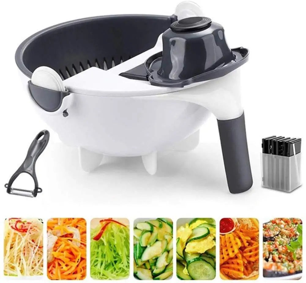 9 in 1 Multifunction Rotate Vegetable Cutter with Drain Basket Large Capacity Vegetables Chopper Veggie Shredder Grater Portable Slicer Kitchen Tool