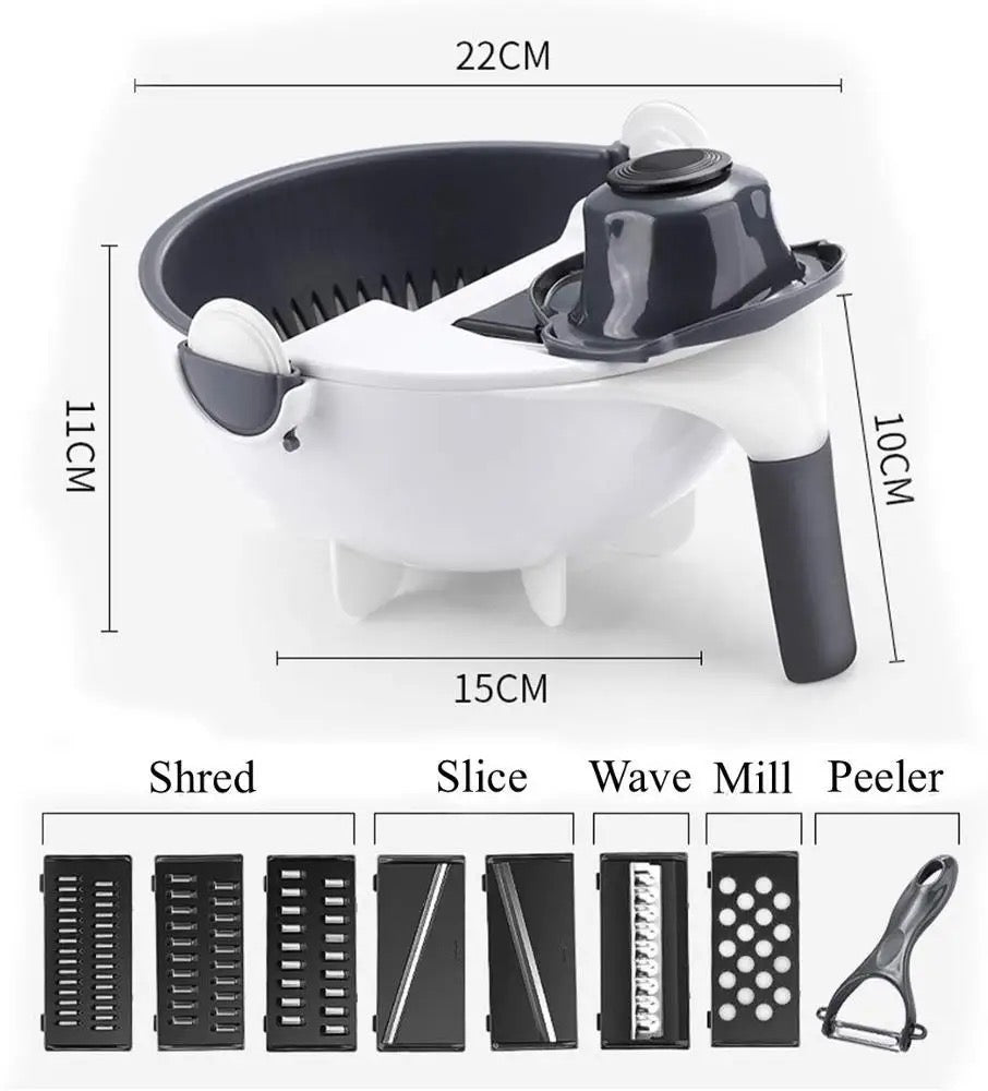 ISP 9 in 1 Multifunction Rotate Vegetable Cutter , Cheese Grater with Drain Basket Large Capacity Vegetables Chopper Veggie Shredder Grater Portable Slicer Kitchen Tool