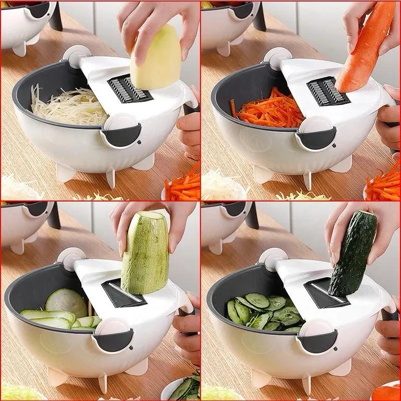 ISP 9 in 1 Multifunction Rotate Vegetable Cutter , Cheese Grater with Drain Basket Large Capacity Vegetables Chopper Veggie Shredder Grater Portable Slicer Kitchen Tool