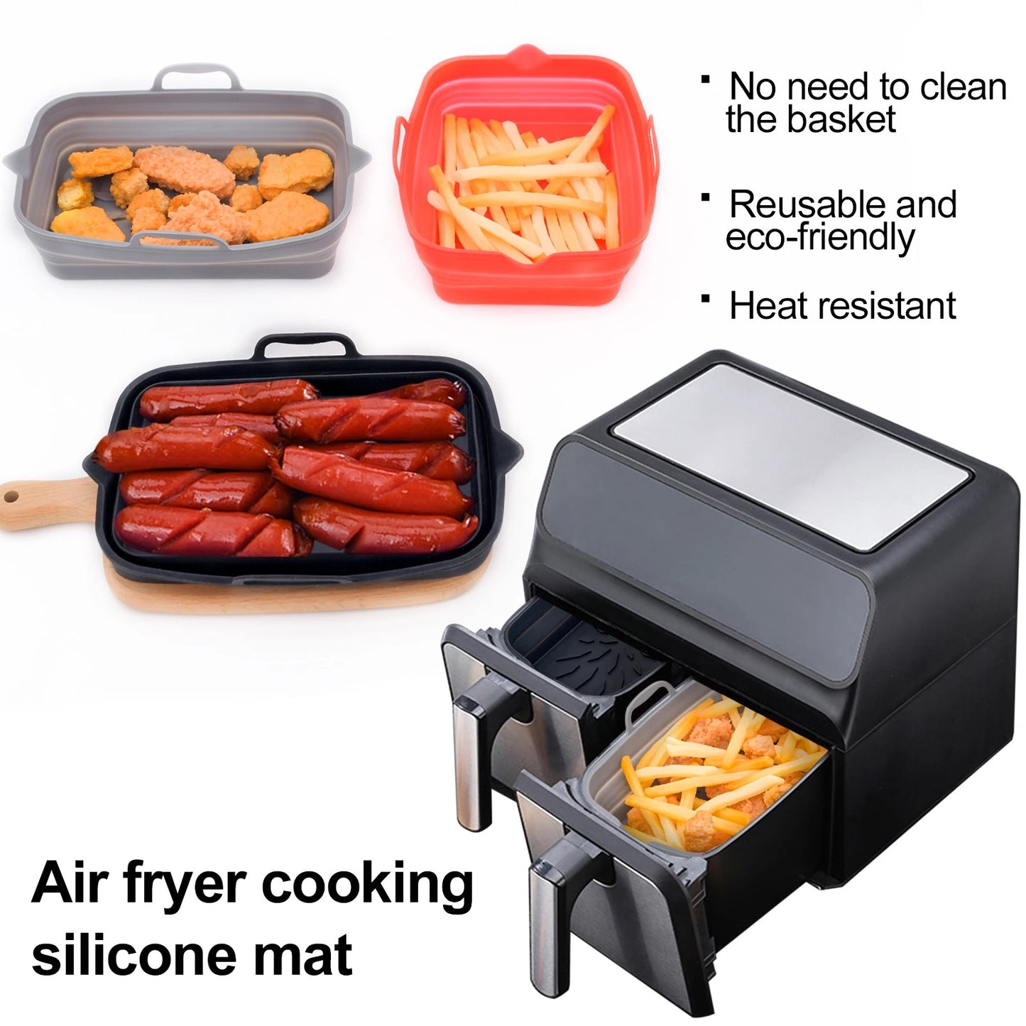 Foldable Square Silicone Air Fryer, Oven, and Microwave Liners - Set of 3: Non-Stick, 8 inches Reusable (Ideal for Baking, Grilling, and Frying) in Red, Black, and Gray.