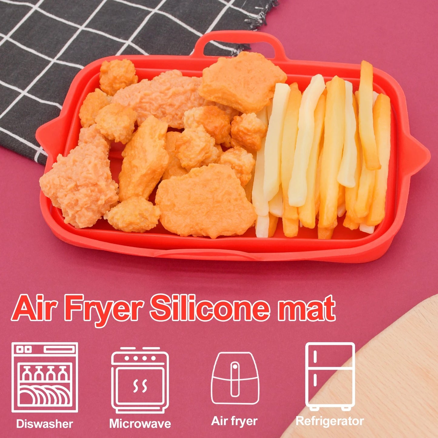 Foldable Square Silicone Air Fryer, Oven, and Microwave Liners - Set of 3: Non-Stick, 8 inches Reusable (Ideal for Baking, Grilling, and Frying) in Red, Black, and Gray.