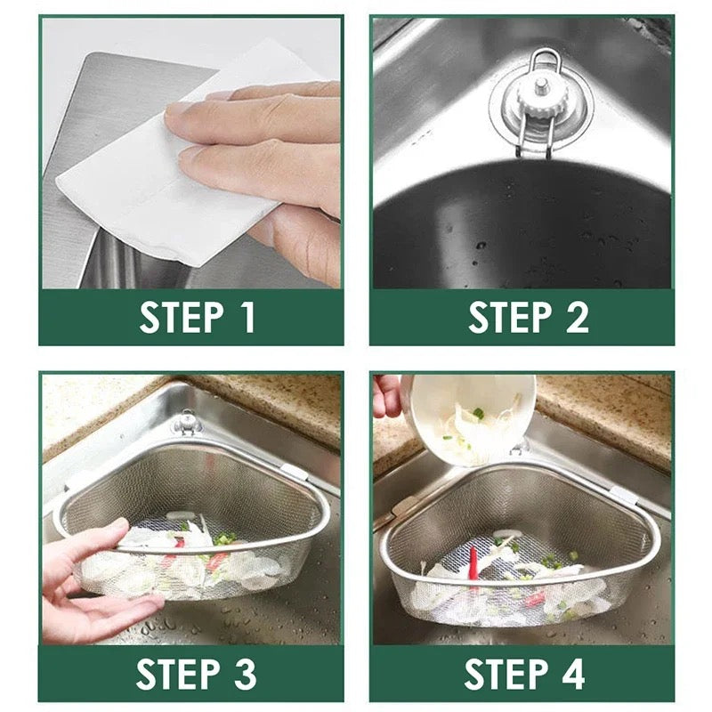 INNOVATIVE Stainless Steel Triangle Sink Drain Rack Corner Kitchen Sink Strainer Basket Sink Food Catcher Colander Basket Wire Mesh Strainer to Collect Food Scraps, Keeps the Scraps from Clogging Drain