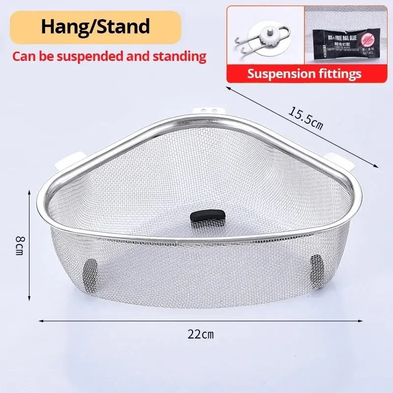 INNOVATIVE Stainless Steel Triangle Sink Drain Rack Corner Kitchen Sink Strainer Basket Sink Food Catcher Colander Basket Wire Mesh Strainer to Collect Food Scraps, Keeps the Scraps from Clogging Drain