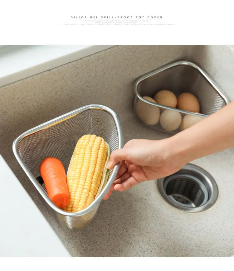 INNOVATIVE Stainless Steel Triangle Sink Drain Rack Corner Kitchen Sink Strainer Basket Sink Food Catcher Colander Basket Wire Mesh Strainer to Collect Food Scraps, Keeps the Scraps from Clogging Drain