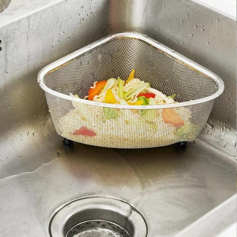 INNOVATIVE Stainless Steel Triangle Sink Drain Rack Corner Kitchen Sink Strainer Basket Sink Food Catcher Colander Basket Wire Mesh Strainer to Collect Food Scraps, Keeps the Scraps from Clogging Drain