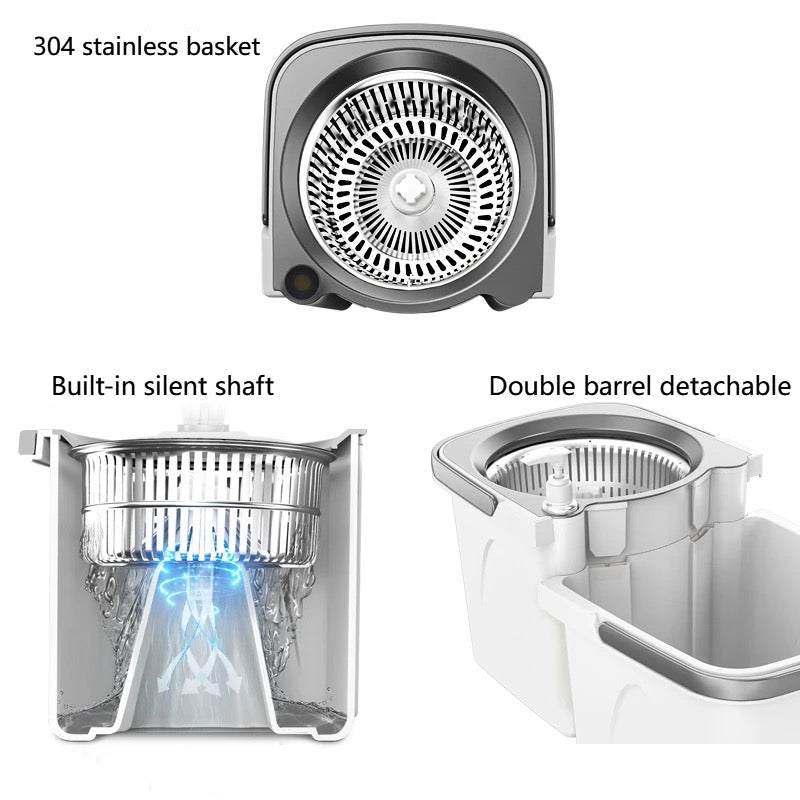 INNOVATIVE 360 Rotating Mop Bucket  Set Detachable Stainless Steel Extended Handle Spinning Mop Bucket System Microfiber Mop Refills for Floor Cleaning (4 microfibre heads)