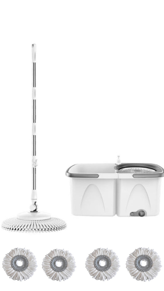 INNOVATIVE 360 Rotating Mop Bucket  Set Detachable Stainless Steel Extended Handle Spinning Mop Bucket System Microfiber Mop Refills for Floor Cleaning (4 microfibre heads )