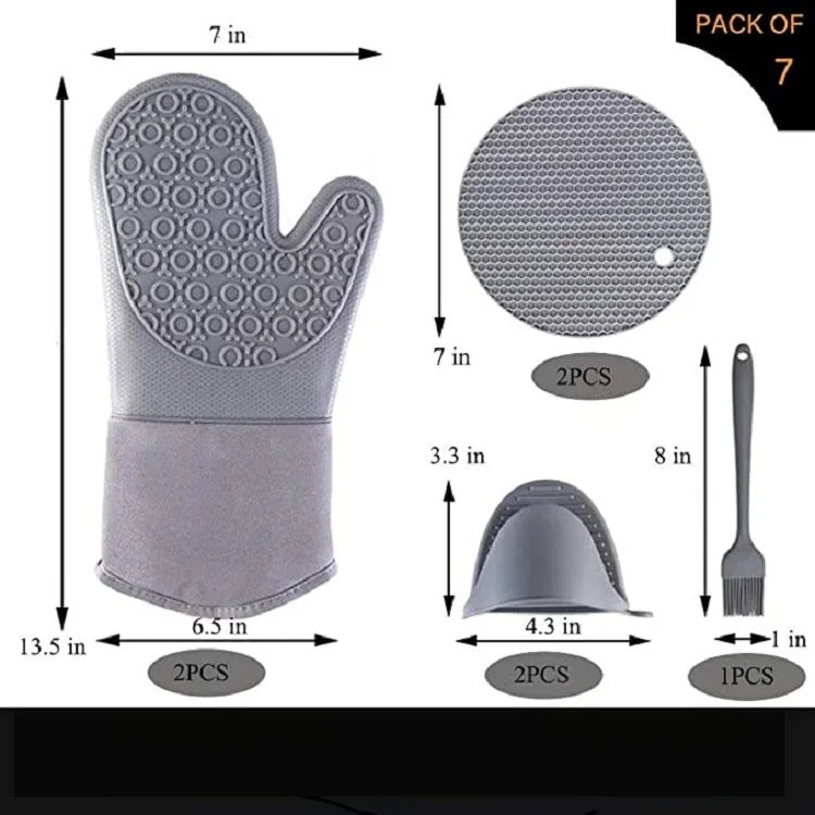 INNOVATIVE Silicone 500°F Heat Resistant Non-Slip Grip Oven Mitt and Trivets Set - Heat Resistant Cooking Gloves & Mats, Waterproof, Cotton Lined - Long Cooking Mitts, Potholders for Pans - BPA-Free - (13.3",7pcs, Gray)