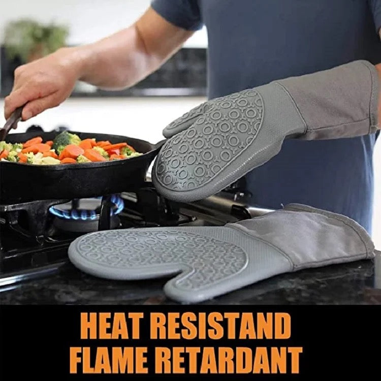 INNOVATIVE Silicone 500°F Heat Resistant Non-Slip Grip Oven Mitt and Trivets Set - Heat Resistant Cooking Gloves & Mats, Waterproof, Cotton Lined - Long Cooking Mitts, Potholders for Pans - BPA-Free - (13.3",7pcs, Gray)