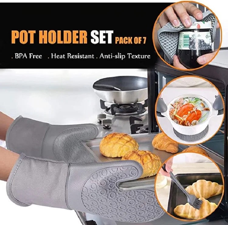 INNOVATIVE Silicone 500°F Heat Resistant Non-Slip Grip Oven Mitt and Trivets Set - Heat Resistant Cooking Gloves & Mats, Waterproof, Cotton Lined - Long Cooking Mitts, Potholders for Pans - BPA-Free - (13.3",7pcs, Gray)