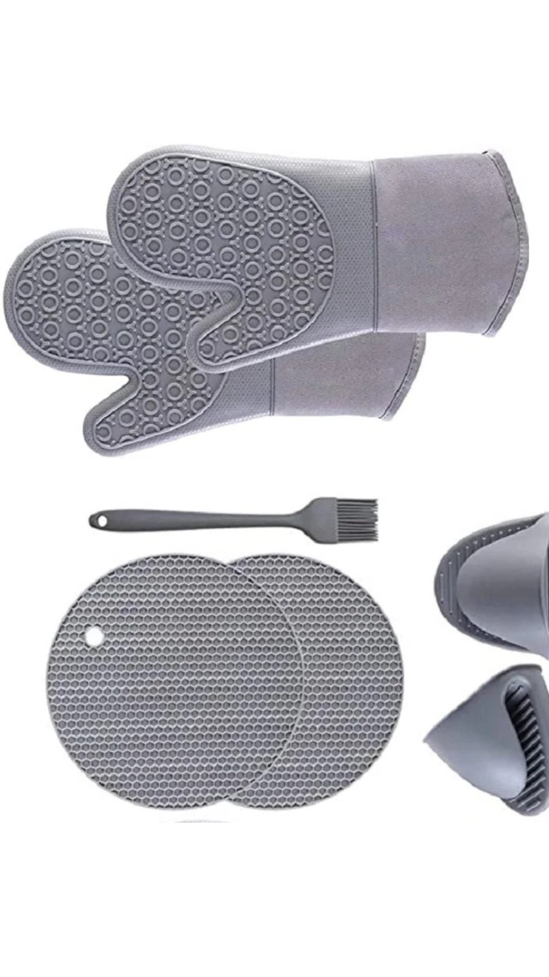 INNOVATIVE Silicone 500°F Heat Resistant Non-Slip Grip Oven Mitt and Trivets Set - Heat Resistant Cooking Gloves & Mats, Waterproof, Cotton Lined - Long Cooking Mitts, Potholders for Pans - BPA-Free - (13.3",7pcs, Gray)