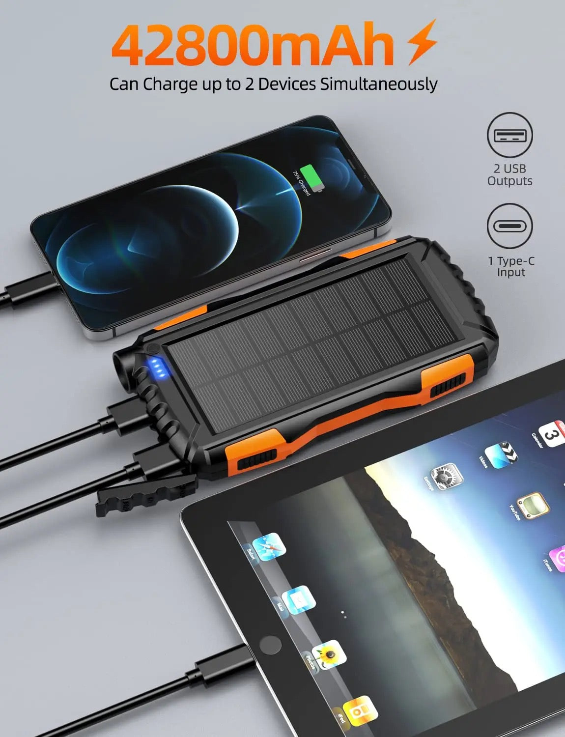 INNOVATIVE PowerBank Solar Portable-Charger - 42800maH Power Bank Large Capacity Hand Charging , IP66 Waterproof Built in 3 Output and 3 Input Cables and Flashlight 5V3.1A Fast Charger Compatible with All Smart Phones and Devices