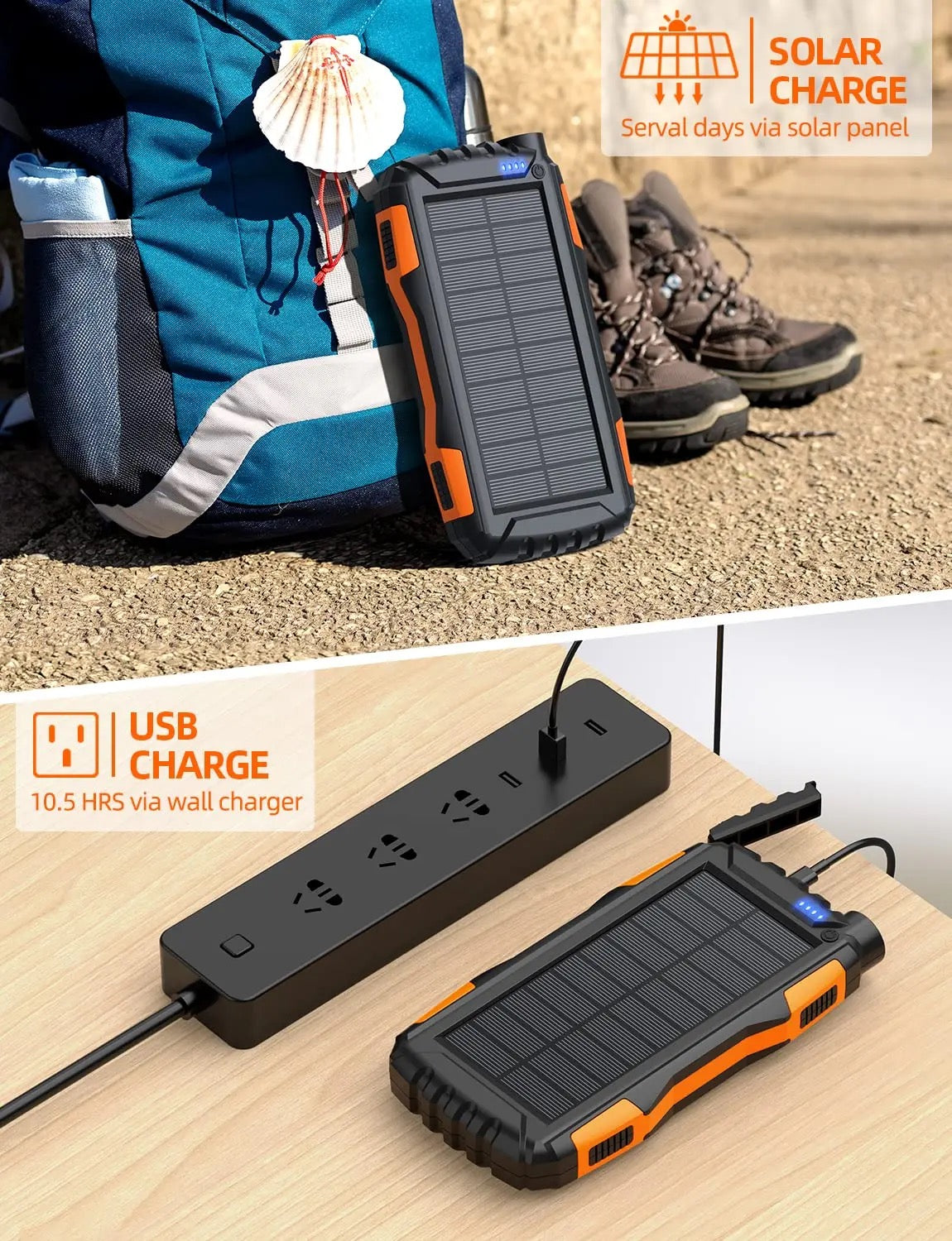 INNOVATIVE PowerBank Solar Portable-Charger - 42800maH Power Bank Large Capacity Hand Charging , IP66 Waterproof Built in 3 Output and 3 Input Cables and Flashlight 5V3.1A Fast Charger Compatible with All Smart Phones and Devices