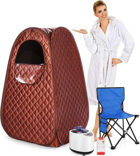 ISP Single Person Sauna, Portable Steam Sauna Full Body for Home Spa, Sauna Tent with Steamer 2.6L 1000W Steam Generator, 90 Minute Timer, Chair, Remote Control Included(Brown)