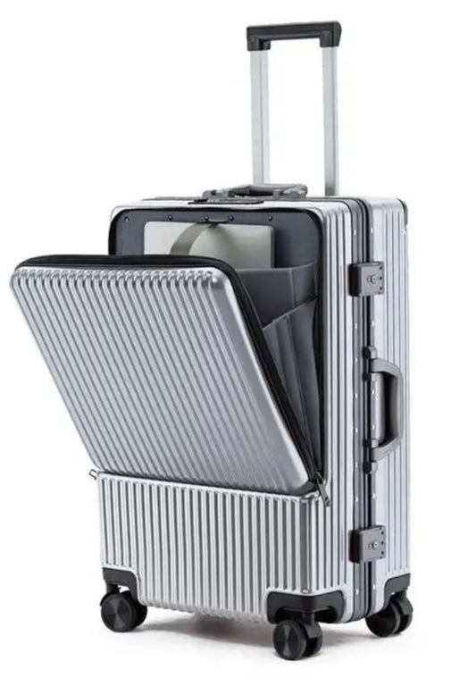 ISP Aluminium Front Pocket Trunk Luggage Large Suitcase 20-30 Inch Luggage with Spinner Wheels, Anodised Aluminium Textured Checked Large Luggage, Lightweight Hard Case PC with TSA Lock