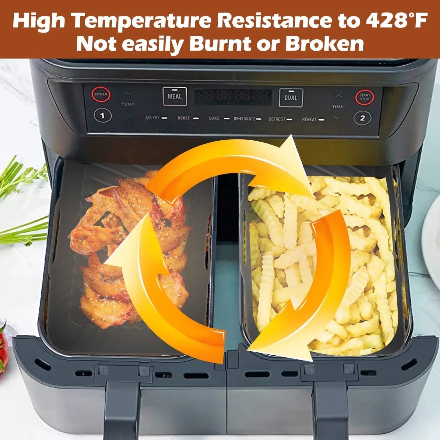 INNOVATIVE Silicone Air Fryer Accessories for 5-9QT Dual Air fryers & Ninja Rectangular Airfryer. Includes Liners, Gloves, Rack, Paper, Tong, Brush - Oven, Microwave Safe, Enhance Your Cooking Experience (9pcs)