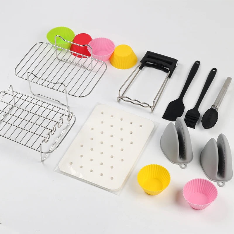 INNOVATIVE Silicone Air Fryer Accessories for 5-9QT Dual Air fryers & Ninja Rectangular Airfryer. Includes Liners, Gloves, Rack, Paper, Tong, Brush - Oven, Microwave Safe, Enhance Your Cooking Experience (9pcs)