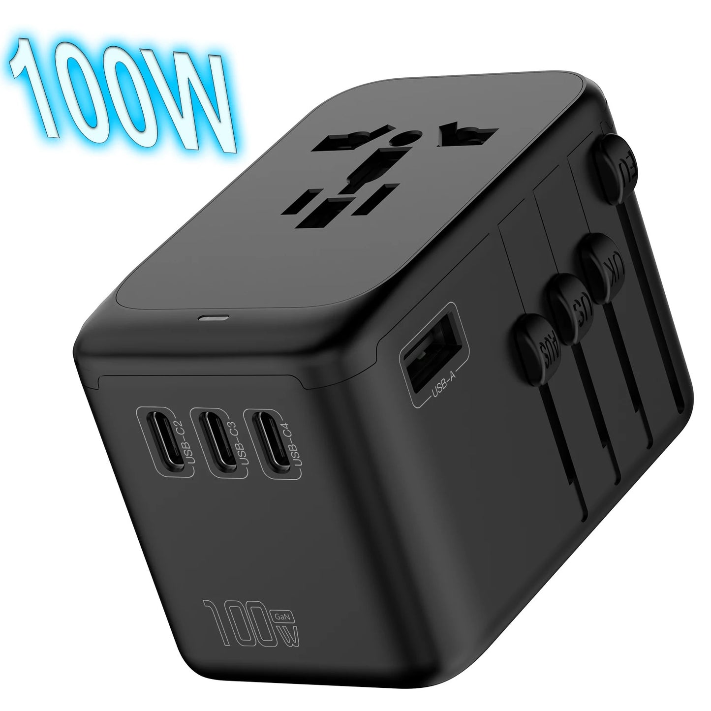 ISP Universal Travel Adapter Worldwide, GaN 100W International Plug Adaptor with 4USB C 1 USB A Ports, All-in-one Power Adapter for European USA UK Australia Ireland(Type C/G/A/I)