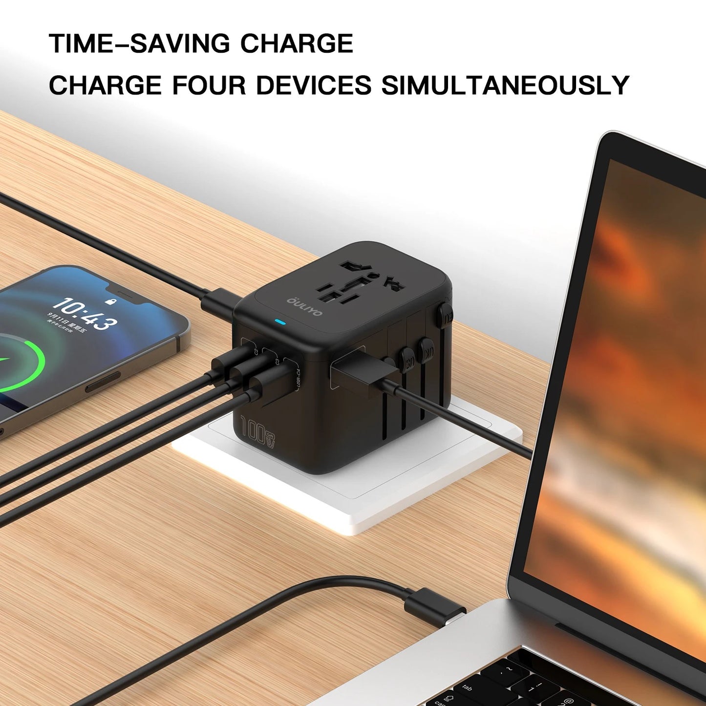 ISP Universal Travel Adapter Worldwide, GaN 100W International Plug Adaptor with 4USB C 1 USB A Ports, All-in-one Power Adapter for European USA UK Australia Ireland(Type C/G/A/I)