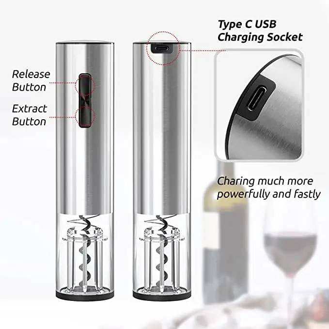 ISP Electric Wine Opener, Automatic Electric Wine Bottle Corkscrew Opener with Foil Cutter, Rechargeable (Stainless Steel)