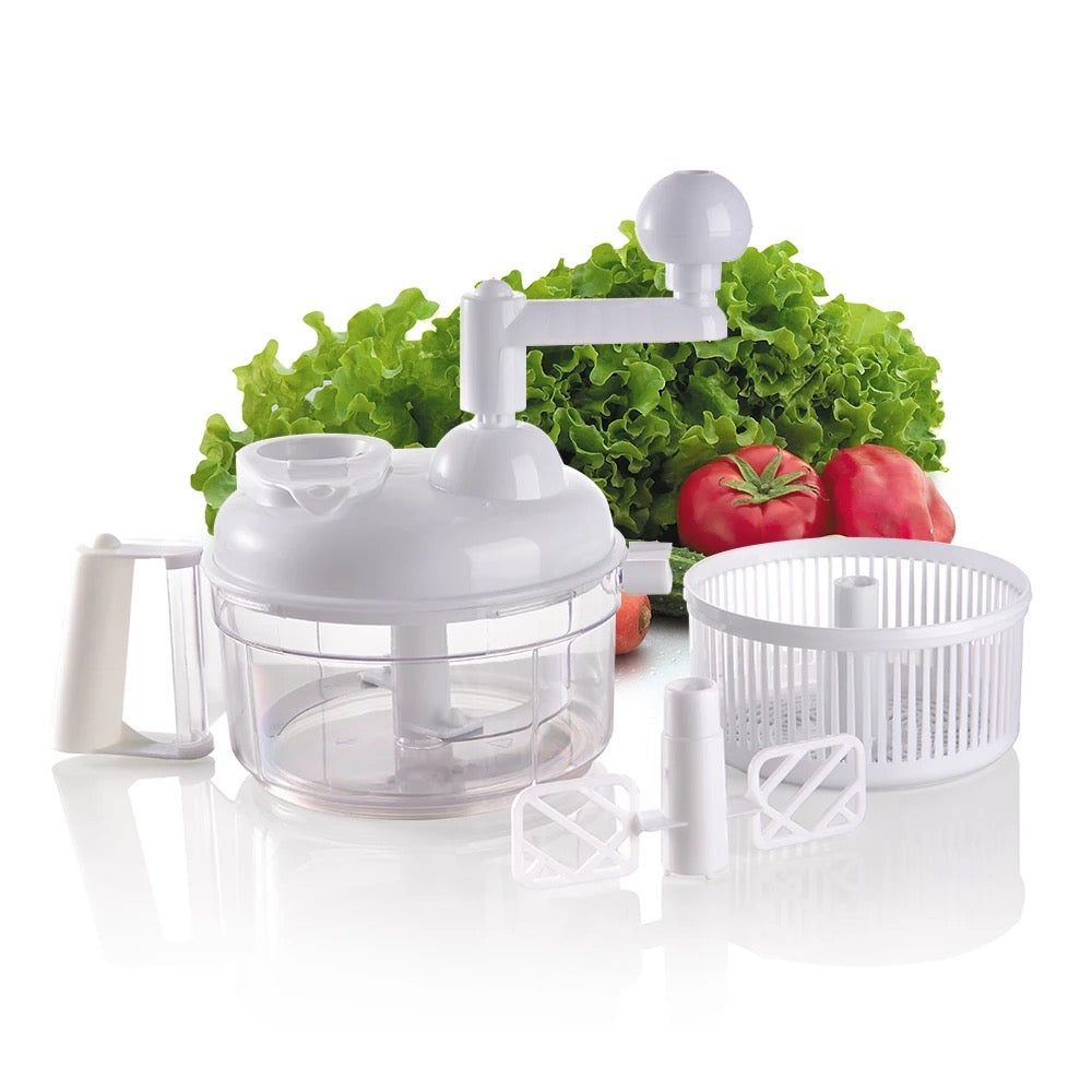 INNOVATIVE 9-in-1 Manual Food Chopper: Vegetable Chopper Hand Food Processor, Mixer, Blender, Whipper, Egg White Separator, Mincer, Grinder, Dicer with Clear Container BPA Free - (1200ml, White)