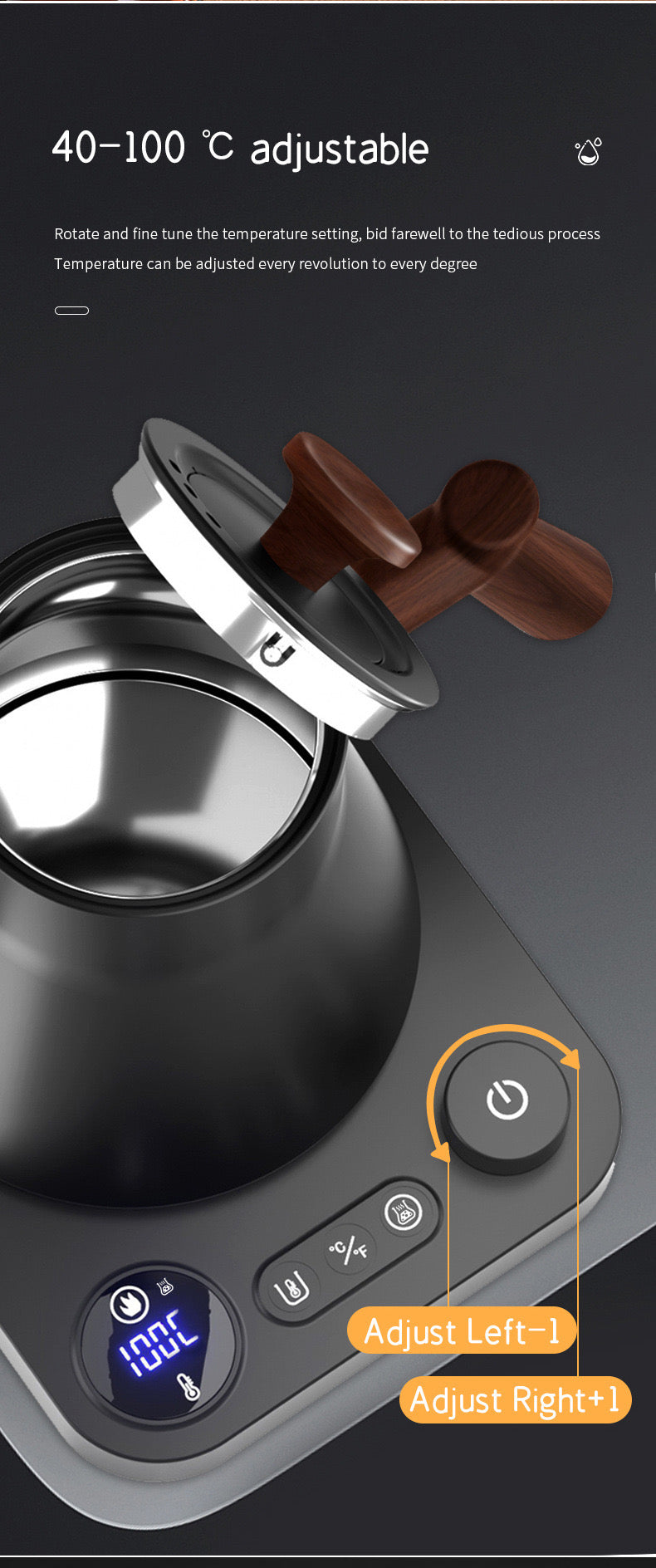 INNOVATIVE Pro Studio Electric Gooseneck Kettle - Pour-Over Coffee and Tea Pot, Stainless Steel, Quick Heating, Matte Black Ultra-precise Temperature Control Knob with Walnut Wood and Dial Handle ±1℉ Temperature Control, 33oz/1 Litre