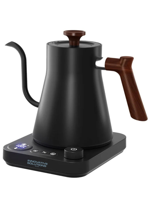 INNOVATIVE Pro Studio Electric Gooseneck Kettle - Pour-Over Coffee and Tea Pot, Stainless Steel, Quick Heating, Matte Black Ultra-precise Temperature Control Knob with Walnut Wood and Dial Handle ±1℉ Temperature Control, 33oz/1 Litre