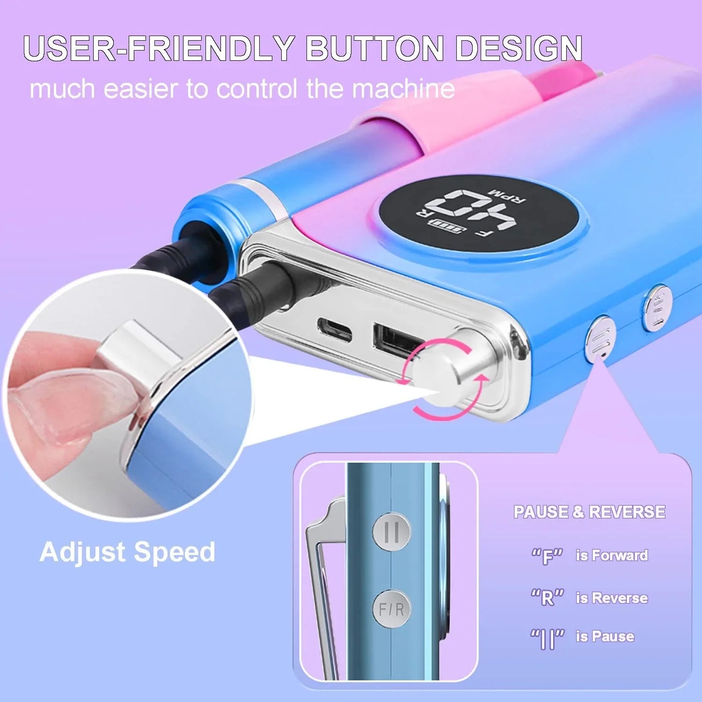 ISP 30 Watt Portable Professional LCD Nail Drill 40000RPM, Rechargeable Electric Nail File Machine EFile For Acrylic Nails Gel Polishing Removing Cordless  EFile Kit with Bit Kit for Manicure,Salon & Home