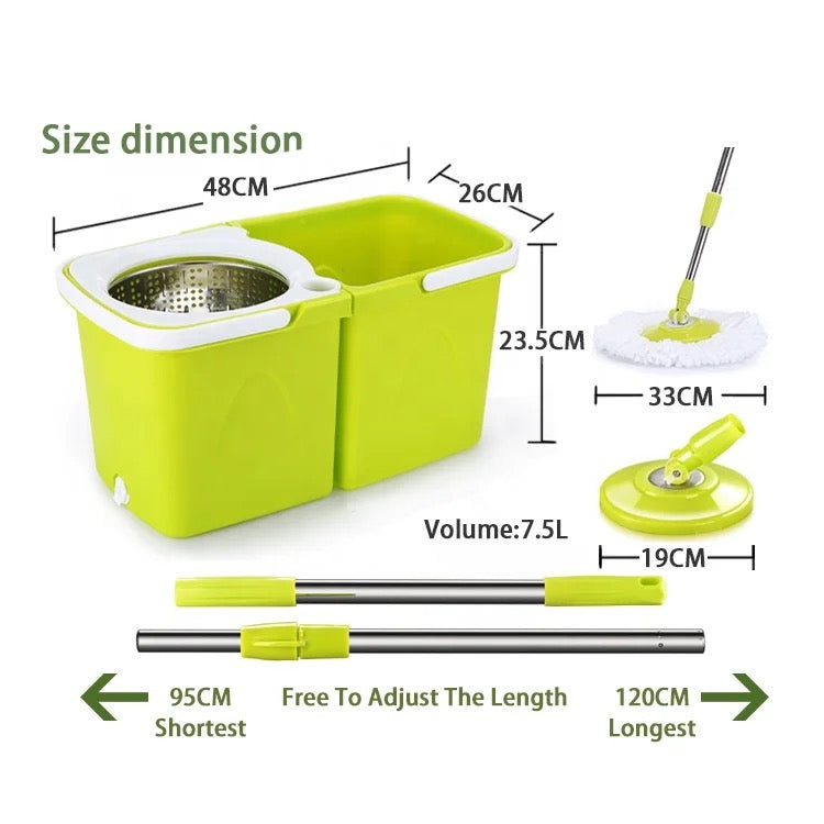 INNOVATIVE 360 Rotating Mop Bucket  Set Detachable Stainless Steel Extended Handle Spinning Mop Bucket System Microfiber Mop Refills for Floor Cleaning (4 microfibre heads)