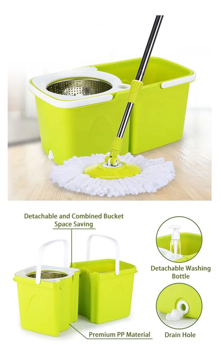 INNOVATIVE 360 Rotating Mop Bucket  Set Detachable Stainless Steel Extended Handle Spinning Mop Bucket System Microfiber Mop Refills for Floor Cleaning (4 microfibre heads)