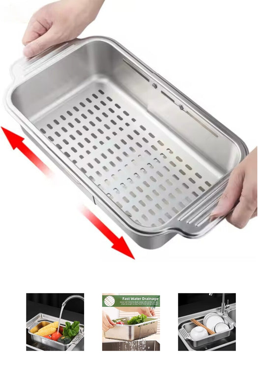 INNOVATIVE 4 In 1 Over the Sink Colander Expandable  for Kitchen Sink Food Grade 304 Stainless Steel Over the Sink Strainer Extend Kitchen Sink Drain Basket for Washing Vegetable Fruits,Dishes Kitchen Sink Drain Basket (Large)
