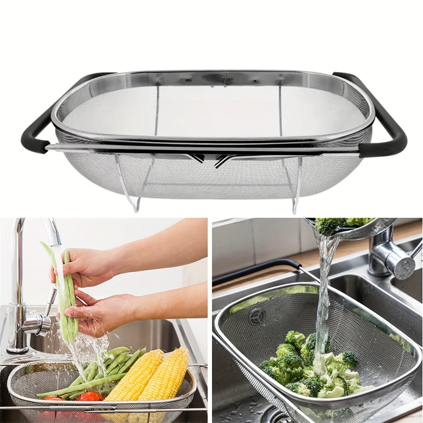 INNOVATIVE 6 Quart Stainless Steel Over The Sink Oval Colander With Expandable Rubber Non Slip Grip Handle, Fine Mesh Drainer & Strainer Basket Kitchen Sink for Rinsing, Draining, Storage Fine Mesh, Large Kitchen Gadget Tool, Expandable (Large)