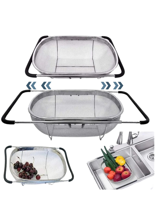 INNOVATIVE 6 Quart Stainless Steel Over The Sink Oval Colander With Expandable Rubber Non Slip Grip Handle, Fine Mesh Drainer & Strainer Basket Kitchen Sink for Rinsing, Draining, Storage Fine Mesh, Large Kitchen Gadget Tool, Expandable (Large)