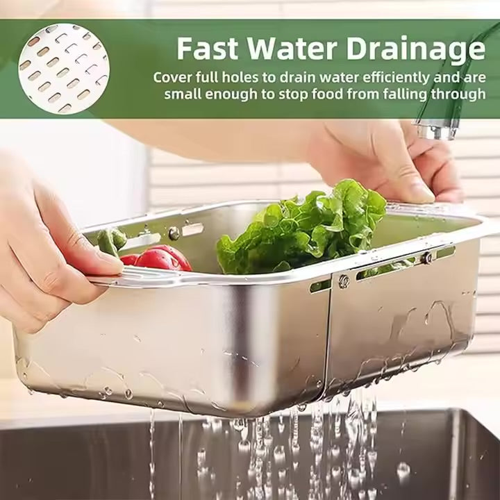 INNOVATIVE 4 In 1 Over the Sink Colander Expandable  for Kitchen Sink Food Grade 304 Stainless Steel Over the Sink Strainer Extend Kitchen Sink Drain Basket for Washing Vegetable Fruits,Dishes Kitchen Sink Drain Basket (Large)