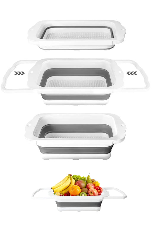 INNOVATIVE Foldable Colander Collapsible, Over Sink Silicone 6 Quart(6.8L) Kitchen Strainers with Extendable Handles, Veggies, Fruit and Pasta Foldable Strainer, BPA Free, Kitchen Essential - (3-in-1, White)