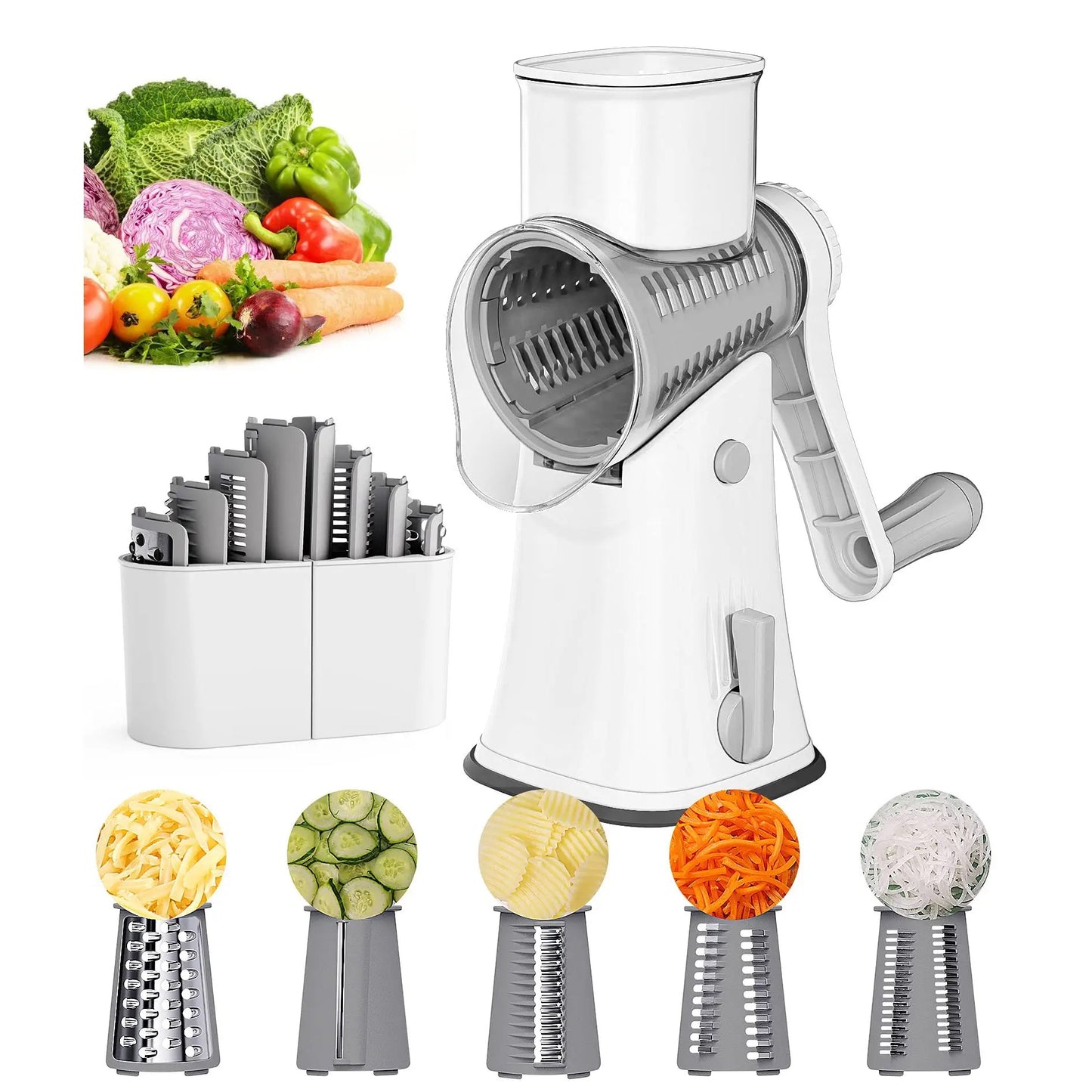 INNOVATIVE Cheese Grater Rotary, Rotary Grater for Kitchen, Kitchen Grater Vegetable Slicer with 5 Drum Blades, Fast Cutting Cheese Shredder for Vegetables and Nuts-(5-in-1, White)