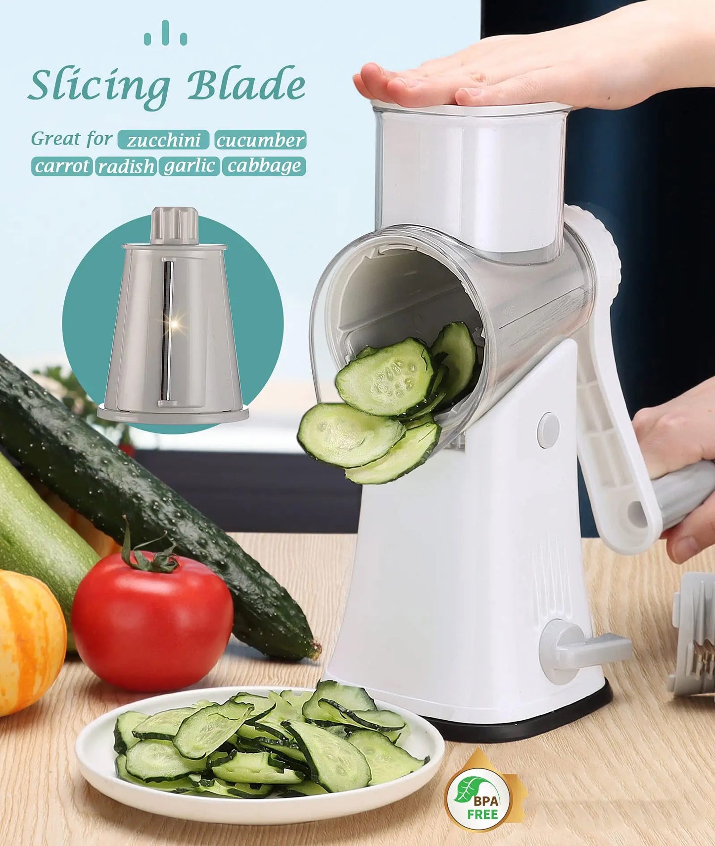 INNOVATIVE Cheese Grater Rotary, Rotary Grater for Kitchen, Kitchen Grater Vegetable Slicer with 5 Drum Blades, Fast Cutting Cheese Shredder for Vegetables and Nuts-(5-in-1, White)