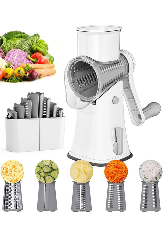 INNOVATIVE Cheese Grater Rotary, Rotary Grater for Kitchen, Kitchen Grater Vegetable Slicer with 5 Drum Blades, Fast Cutting Cheese Shredder for Vegetables and Nuts-(5-in-1, White)