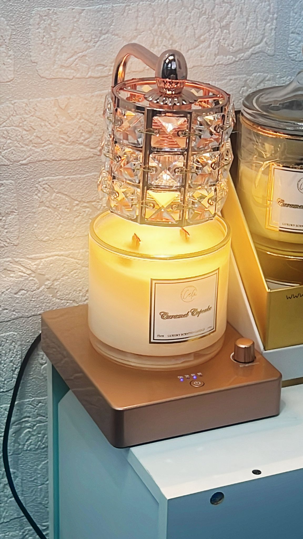 Calm Candles Essential - Candle Warmer Lamp with Timer, Dimmable Electric Candle Warmer with 4 Light Bulbs, Handmade Crystal Candle Lamp, Wax Melt Warmer with Marble, Home Decor, Valentine's Day Gift - RoseGold