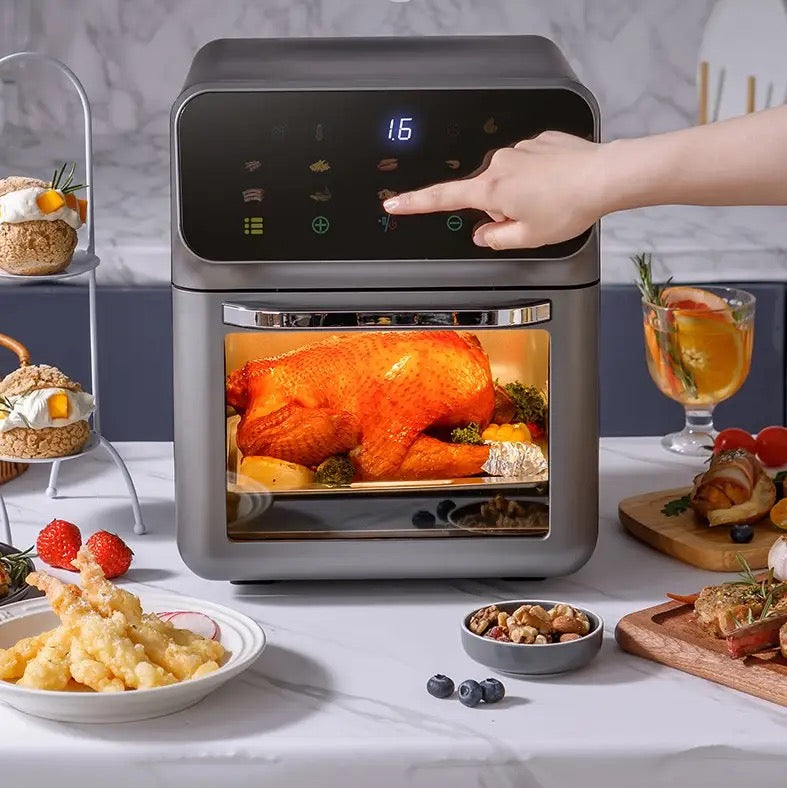 INNOVATIVE Air Fryer Oven, 15.5Qt X-Large Family Size, SS Rotisserie Basket &-Skewer Kit, Powerful 1800W, 50F-425F Temp Controls, Integrated Smart Thermometer Premium Mini 15Liter/Quarts Touch Screen Air-fryer with fat removal technology